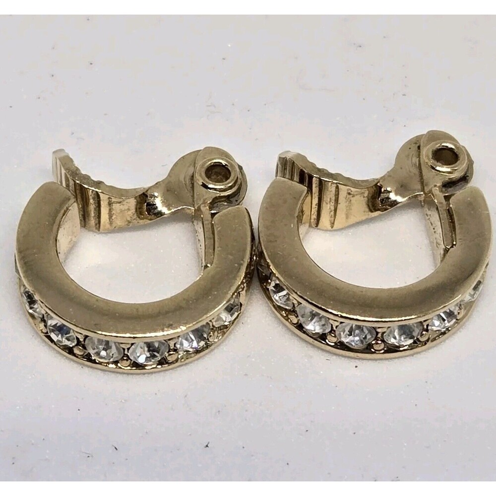 Vintage Monet Clip-on Earrings. Gold Tone Hoop with Clear Rhinestones